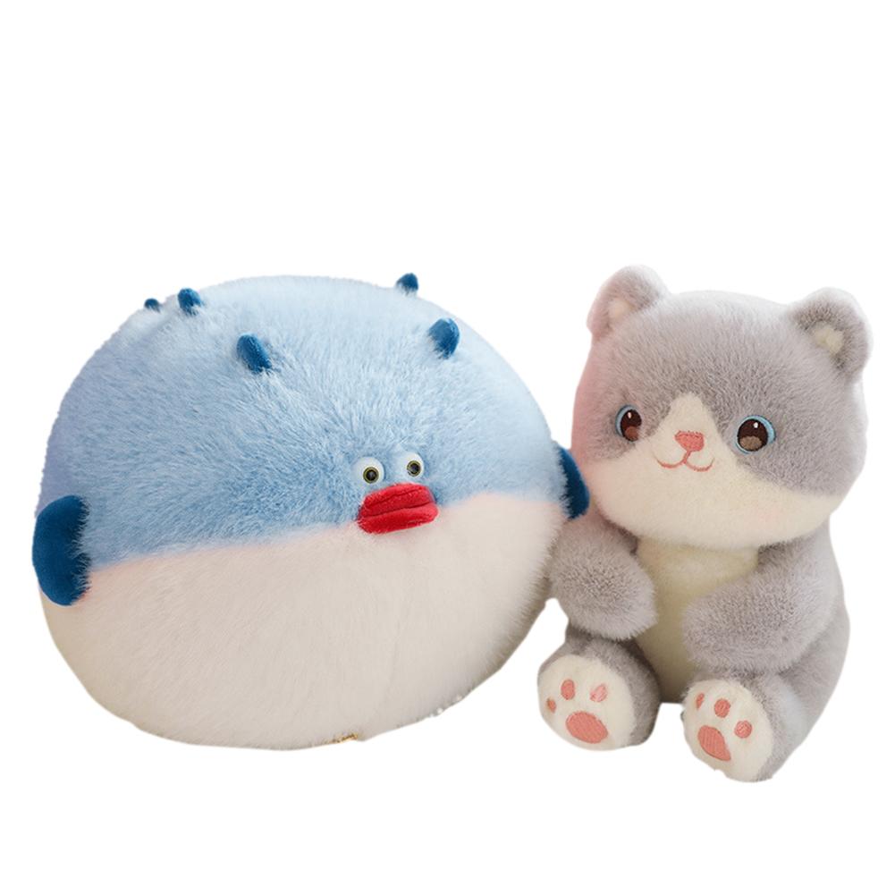 Cute Cat Fish Plush Toys Set Kawaii Stuffed Cat Puffer Animals Plush Doll Throw Pillow Toy Christmas Gifts For Boys Girls