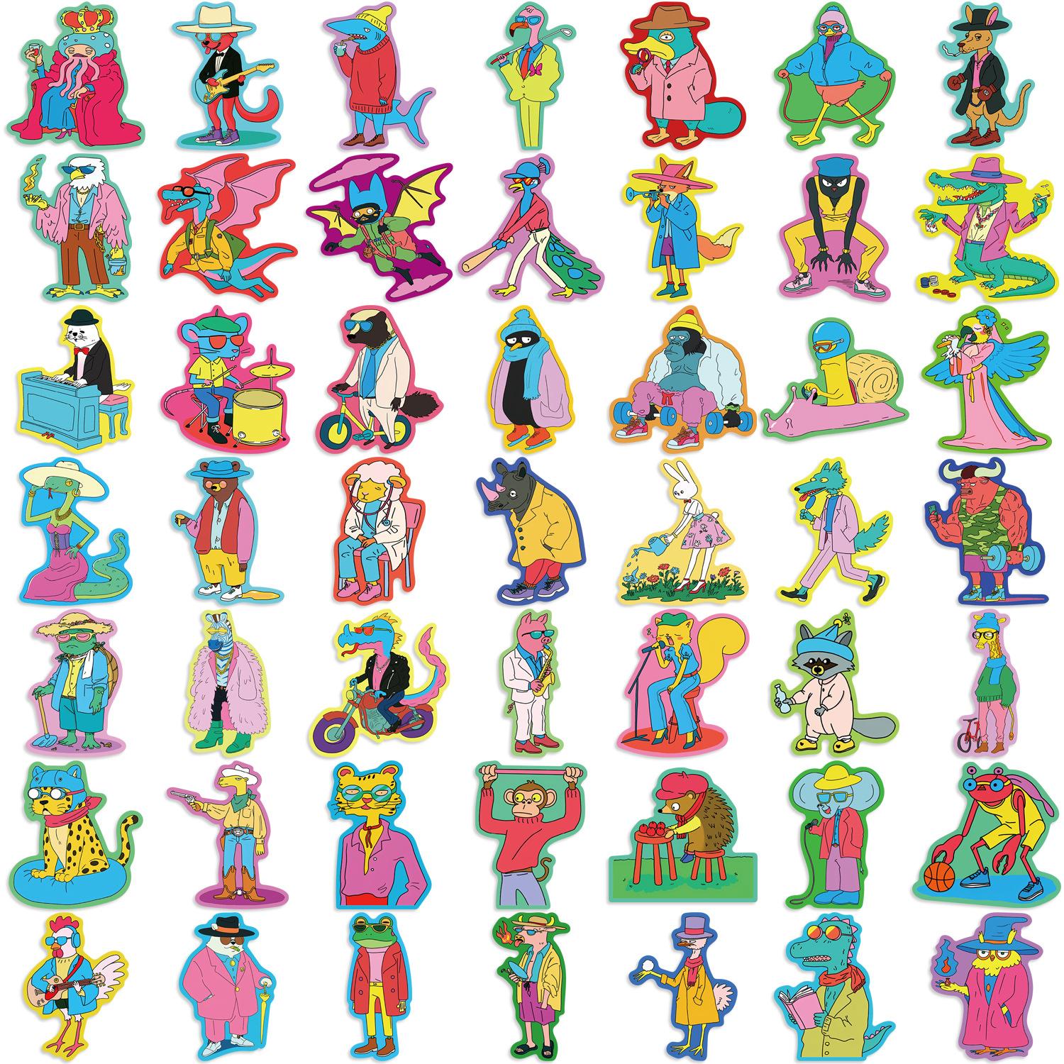 

50 Cartoon Colorful Anthropomorphic Animal Doodle Stickers Decorative Guitar Notebook Suitcase DIY Waterproof