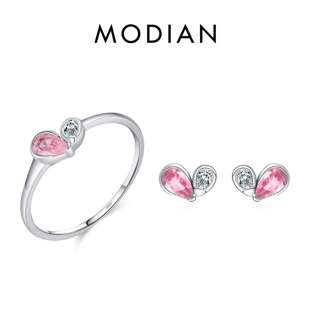 MODIAN 925 Silver Simple Tiny Romantic Blue & Pink CZ Hearts Jewelry Sets For Women Fashion Rings & Stud Earrings
