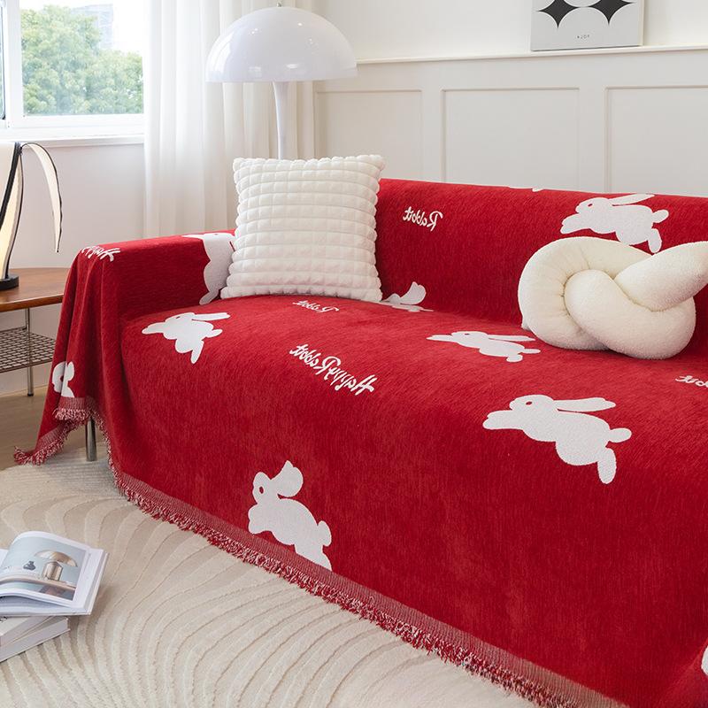 Red Festive Simple Chenille Sofa Cover Towel Cartoon Cute Rabbit Non-Slip Universal Full Covered Sofa Slipcover Sets