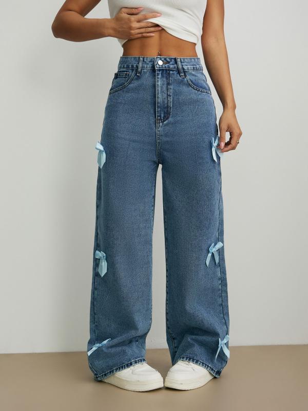 Europe Street Style Bowknot Wide Leg Washed Denim Pants