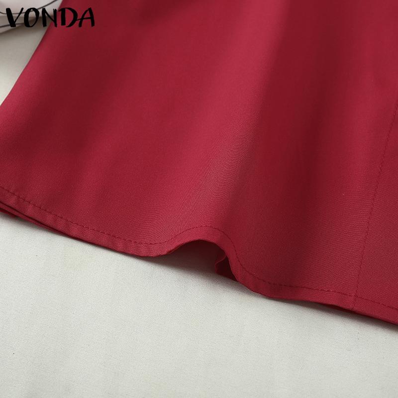 VONDA Women Lapel Neck Long Sleeve Striped Patchwork Buttons Up Loose Shirts Blouse