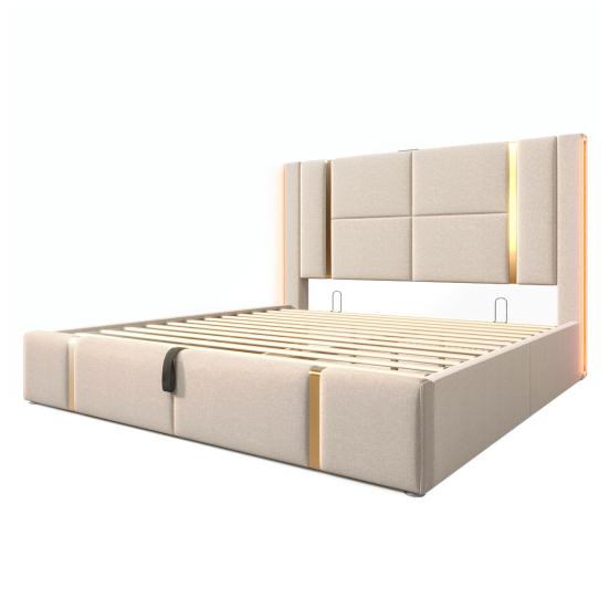 Linen Cover Charging Function Bed with Storage Space Mattress Headboard App Control Strong Wood Slat Support Bed Bedroom Furniture