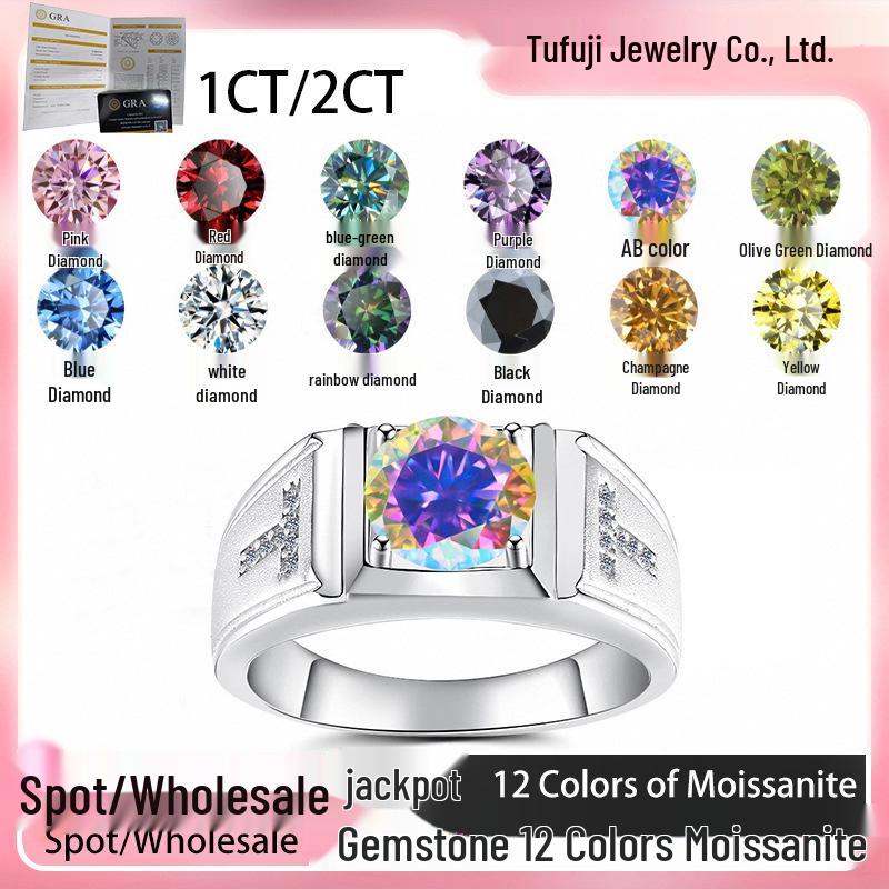 Men's GRA Moissanite Diamond Ring, PT950 Plated, S925 Sterling Silver, Simple Fashion Design.