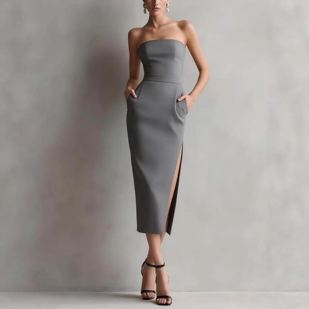 Luxuriöses trägerloses Midi-Kleid für Damen mit Taillenbetonung, Schlitz und Taschen - Perfekt für formelle Partys und Bankette.
