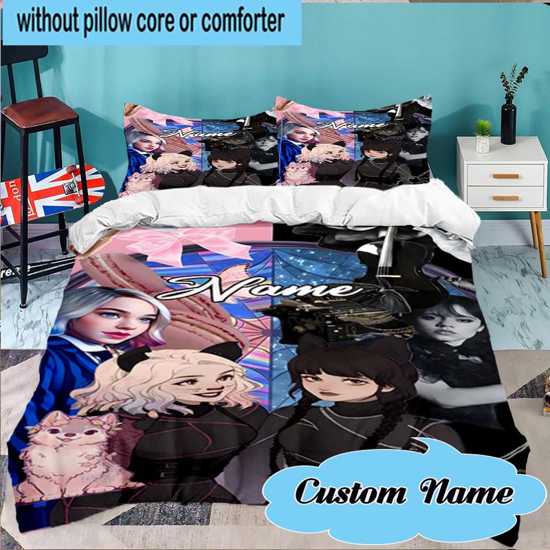 Custom Name 3PCS Addams Fan family Portrait Bedding Set Including 1pc Duvet Cover And 2pcs Pillowcases for Bedroom, Dormitory Gift Home Decor