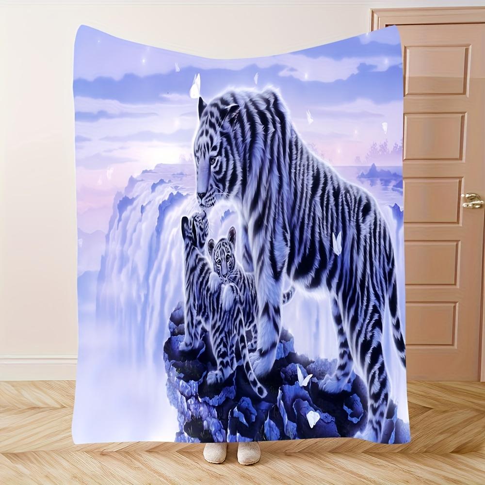 1pc Cozy White Tiger Print Blanket - Soft & Warm Flannel, 100% Polyester, Machine Washable, Perfect for Naps, Camping, Travel, O