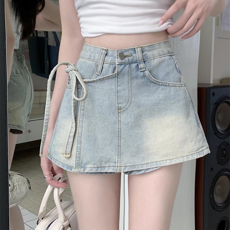 

Spicy Girl High-Waisted Lace-Up A-Line Denim Shorts Skirt - Trendy & Versatile for Women 2XL светло-синий