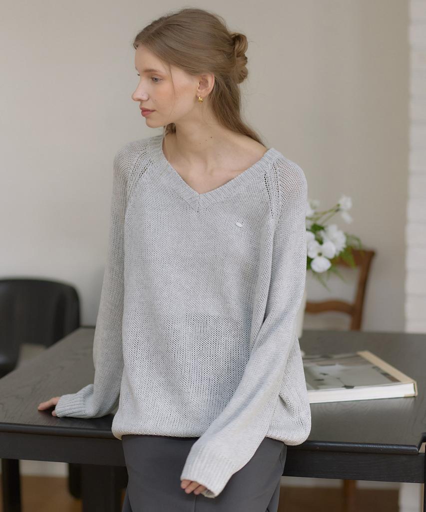 OURHOPE Linen V-Neck Sheer Knit - Grey