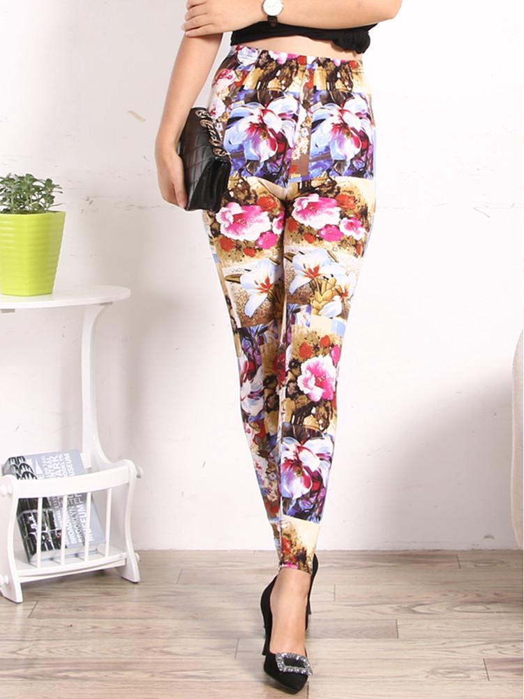 2023 Trendy Floral Print Slim Fit Milk Silk Leggings for Women - Plus Size, Elastic, Outerwear