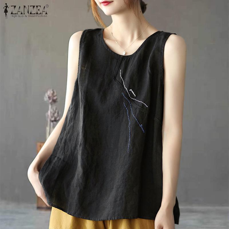 

ZANZEA Женщины Летний хлопок Льняные топы Свободный Повседневный O-образный вырез Без рукавов Жилет Танк Топ Топ