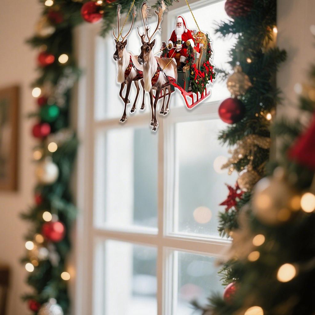 Vánoční ozdobné přívěsky, Claus a sáně, sváteční přívěsky, ozdoby na vánoční stromek