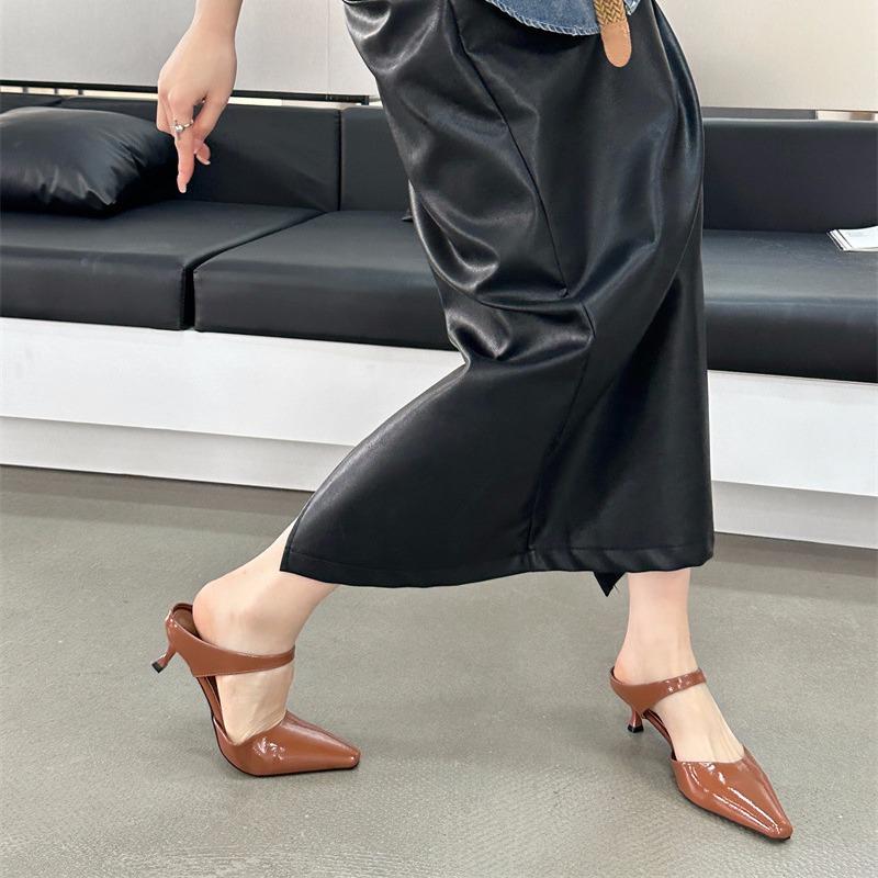 New pointed mid-heel shoes bag head half slippers women wear high-heeled single shoes cool slippers