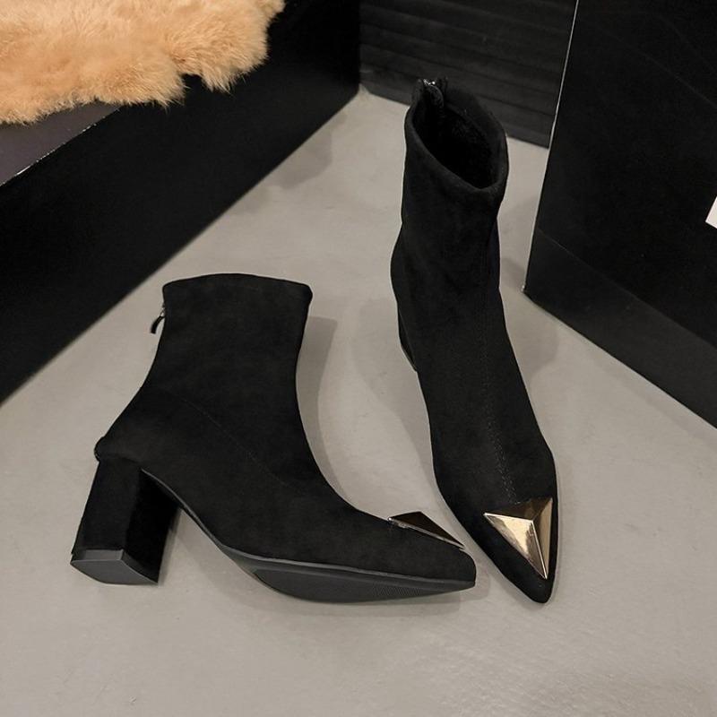 Vintage Stiletto Booties Fashion Pointed Toe Metal Trim Suede Rear Zip Anti-Slip Wear-Resistant Pumps