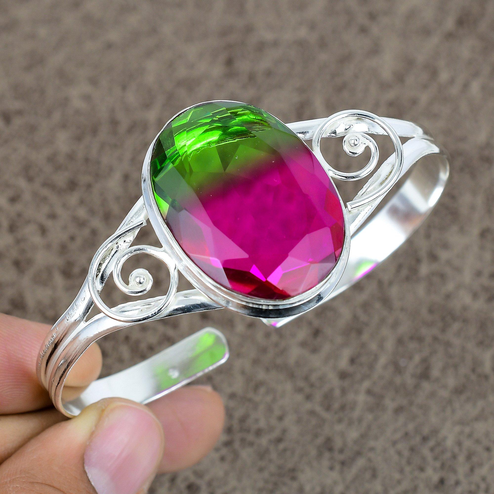 

Bi-Color Tourmaline Gemstone 925 Sterling Silver Cuff Bangle Adjustable KKG-170