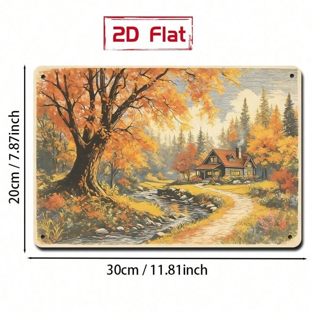 Autumn Forest Cabin Stream Sign 7.87x11.81in Nature Wall Decor Plaque Thanksgiving Gift for Study Hallway