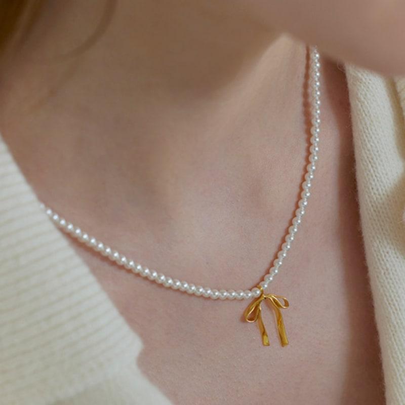 Lewe Tie Ribbon Pearl Necklace (Silver/Gold)