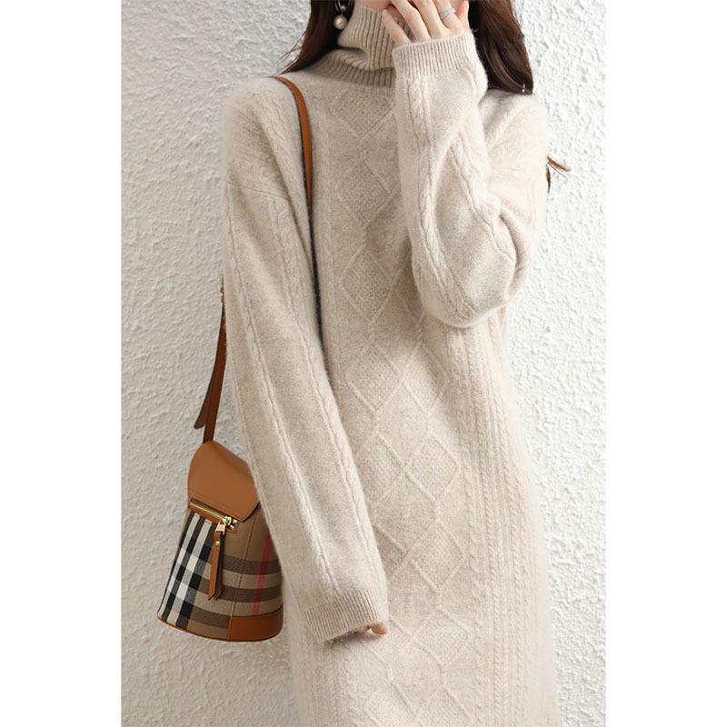 Women's Mid-Length Wool Cashmere Sweater Dress - Bat Sleeve, High Neck, Loose Fit, Autumn/Winter Style