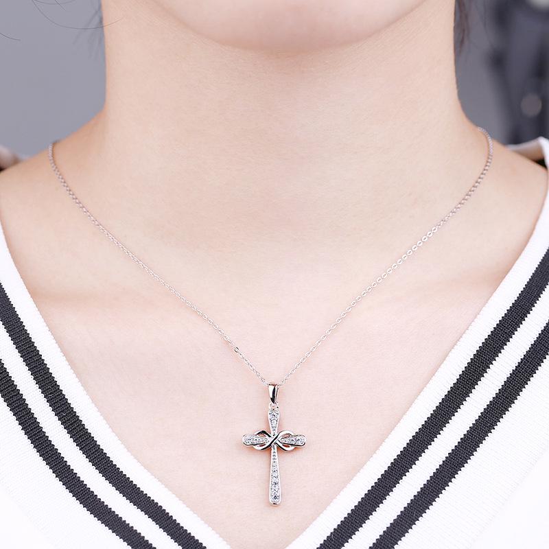 Sterlingsilber S925 Kreuz Halskette mit Schleife Zirkon Anhänger für Damen - Trendiges Schmuck Accessoire