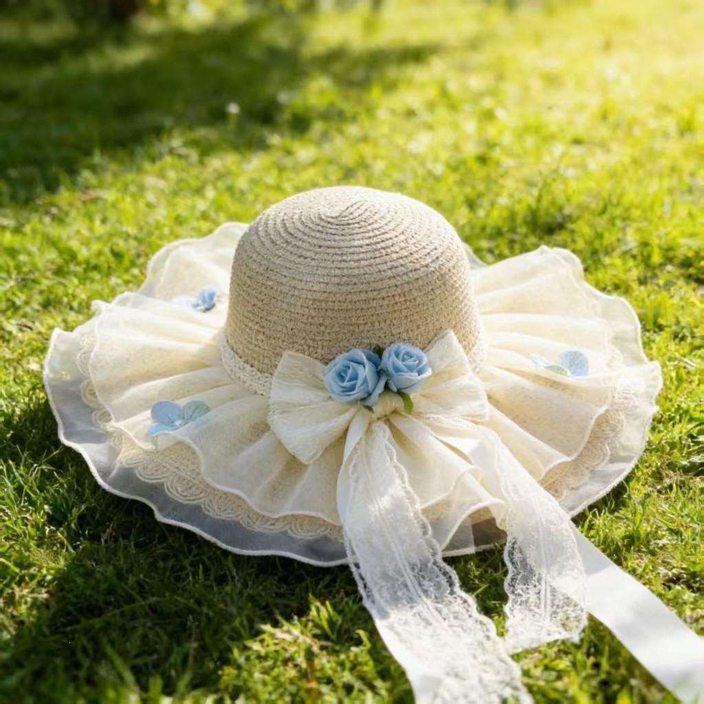 Summer Straw Hat With Lace Bow And Wide Brim For Sun Protection And Beach Vacation