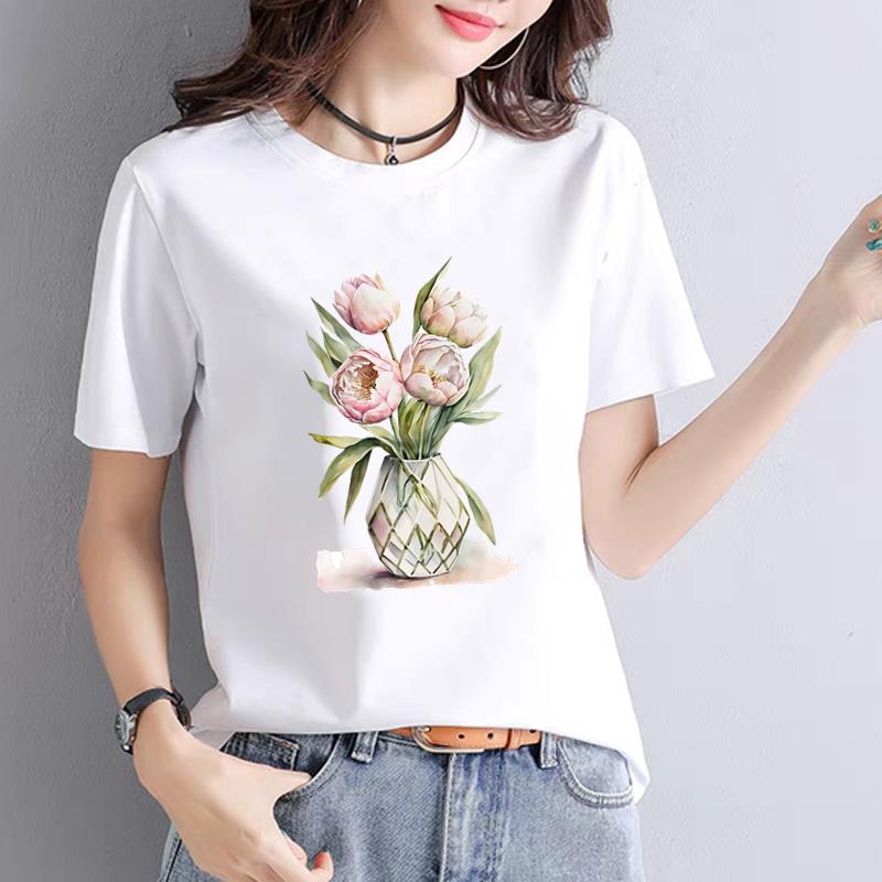 ATrendy Fashionable New Women's Commuter Instagram Summer Printed Base Layer T-shirt Short-sleeved Round Neck  polyester fabric
