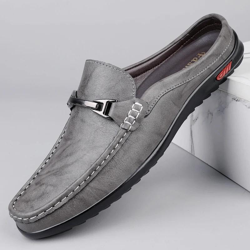 Hot Sale Mens Casual Muller Shoes Business Leather Men Half Slippers Summer Breathable Half Drag Slip-on Lazy Loafers Moccasins