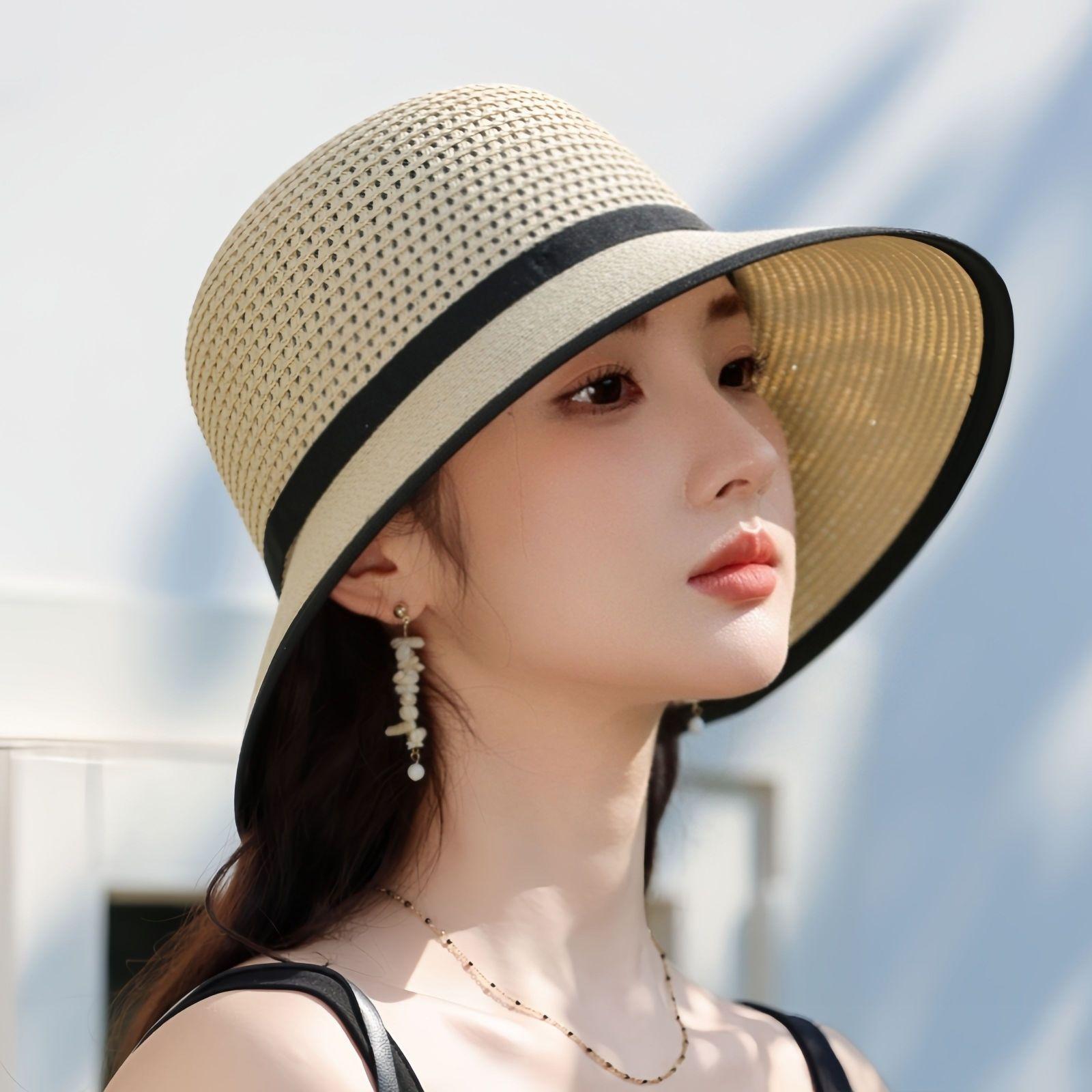 

Летняя солнцезащитная УФ-складная пляжная шляпа с пустым верхом для путешествий, козырек, соломенная шляпа One Size бежевый