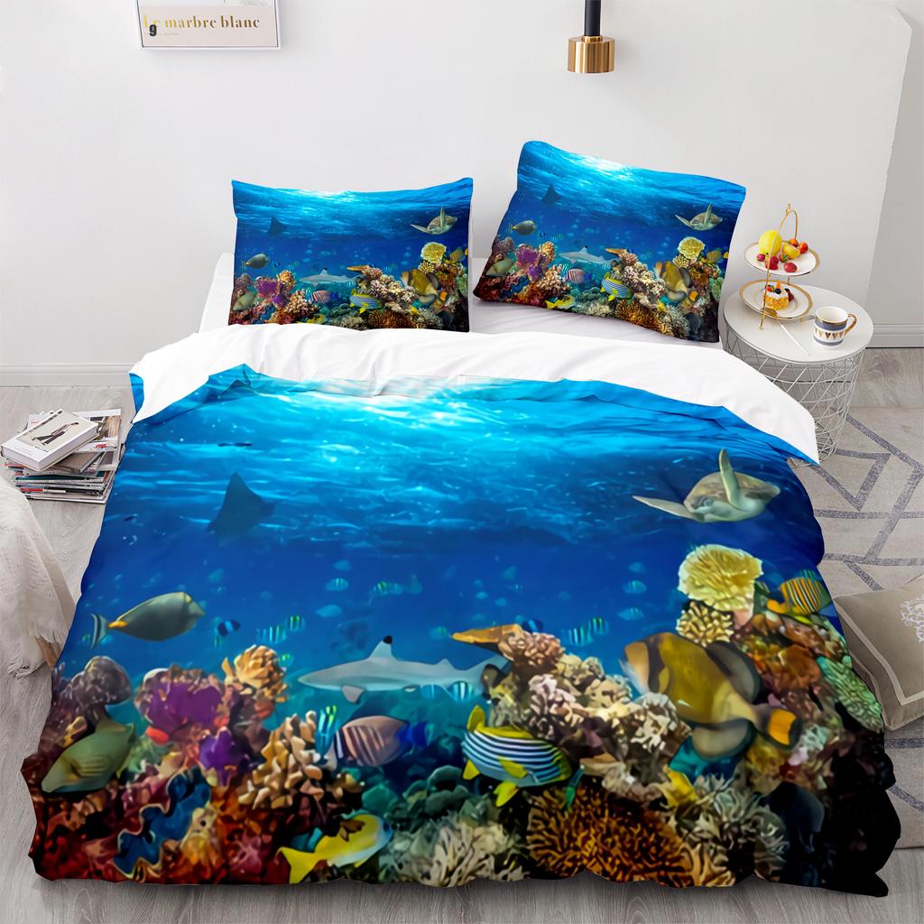 Fish Bedding Set Single Twin Full Queen King Size Marine Life Bed Set Aldult Kid Bedroom Duvetcover Sets 3D Anime Kawaii 013