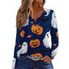Women's Casual Long Sleeve V-Neck Halloween Print T-Shirt with Decorative Buttons