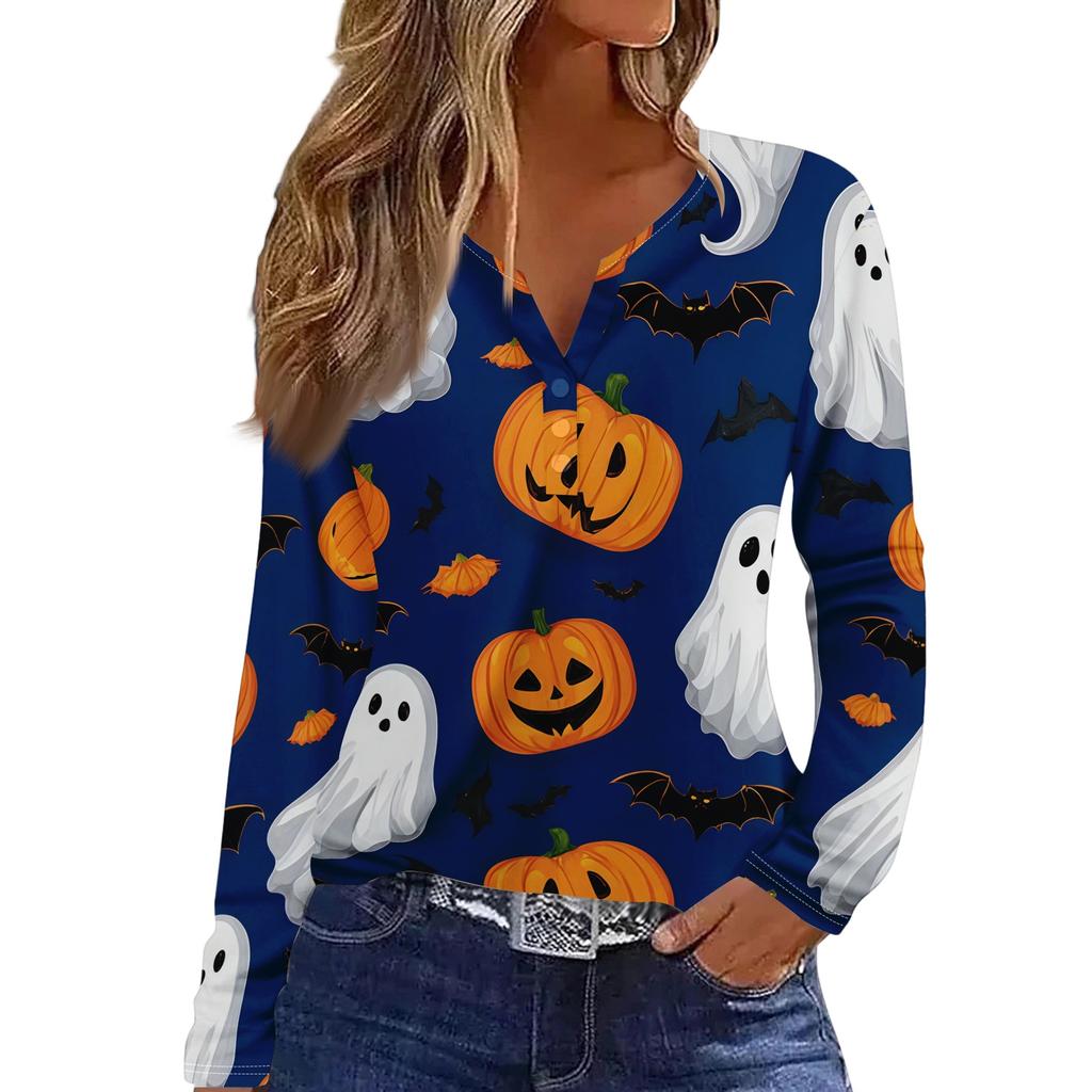 Women's Casual Long Sleeve V-Neck Halloween Print T-Shirt with Decorative Buttons