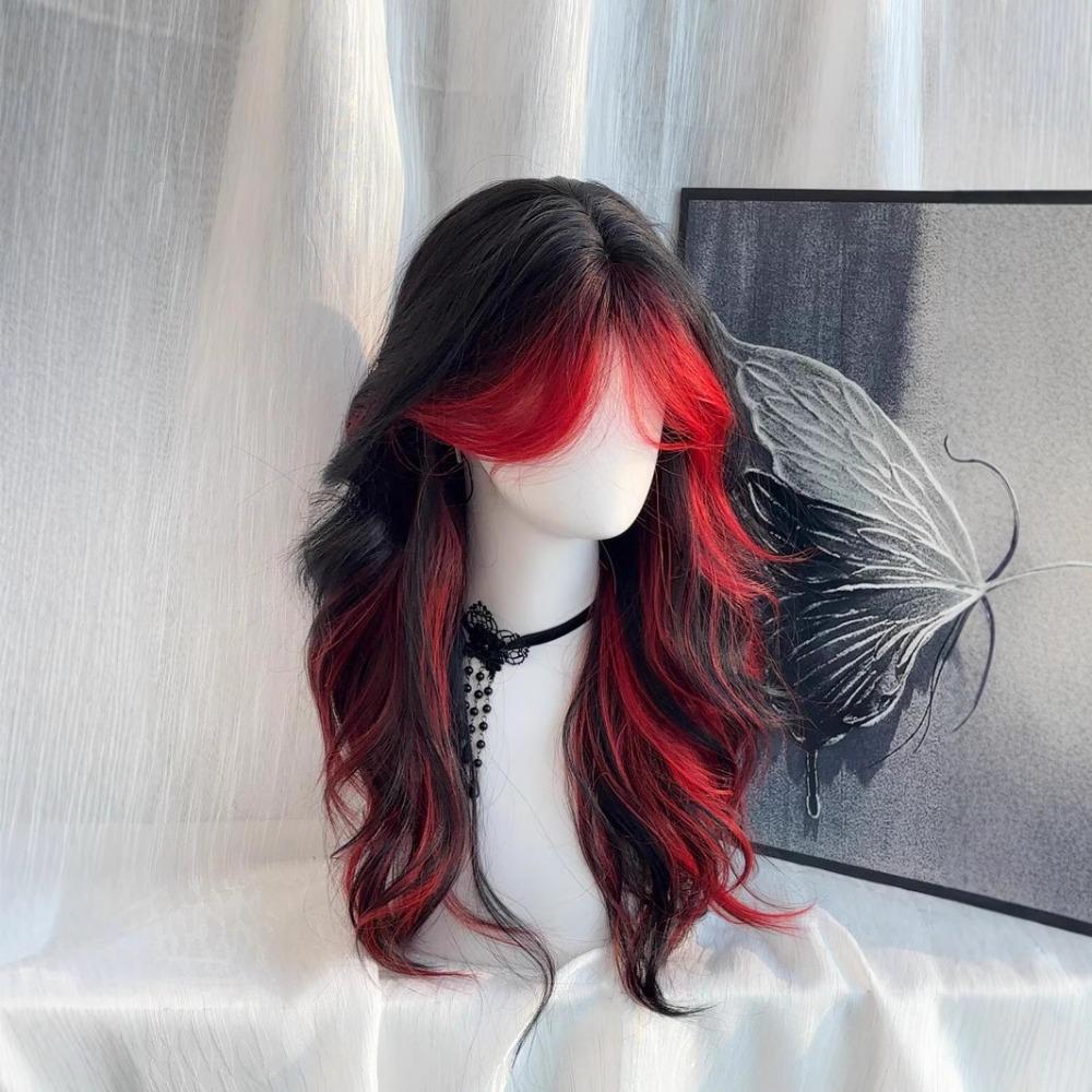 Mittelscheitel Schwarzes Ombre Rotes Gestuftes Haarteil Halloween Lolita Cosplay Perücken für Damen