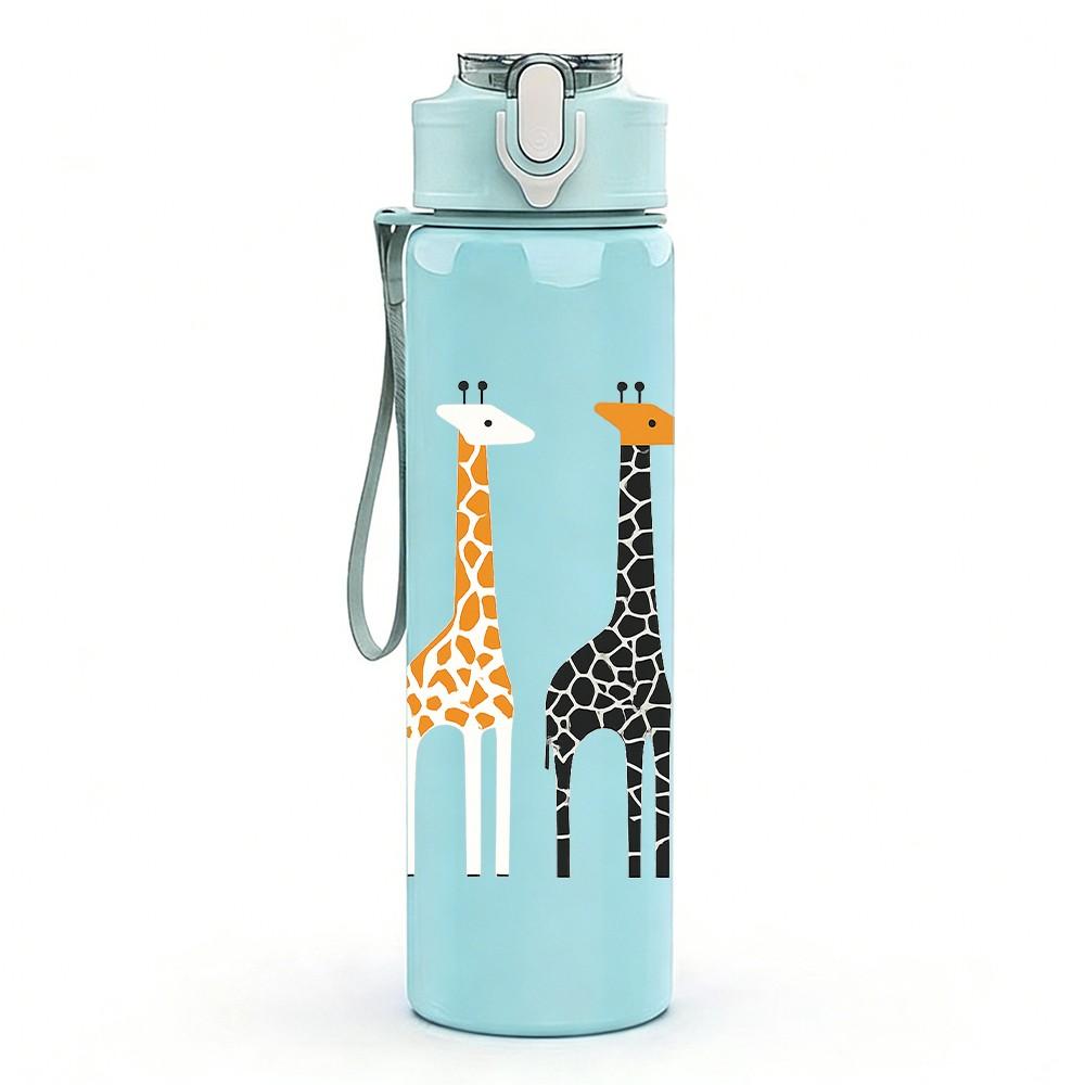 1PC Three Giraffes Cartoon 750ml Color Plastic Sports Water Bottle Leakproof Flip Straw Lid Suitable for Sports Office Home Use