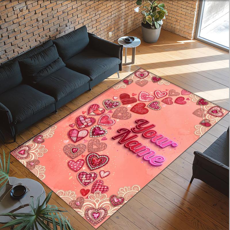 Hearts Theme Crystal Velvet Floor Rug Personalized Custom Name Text Warm Carpet Home Decoration