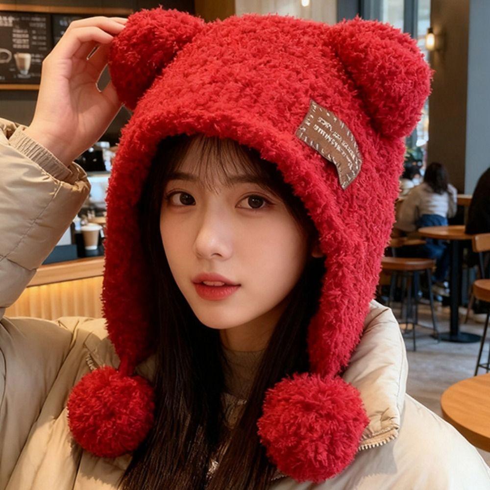 Bear Ears Little Bear Ears Hat Fluffy Winter Plush Hat Leisure Balaclava Hat  Female/Girls