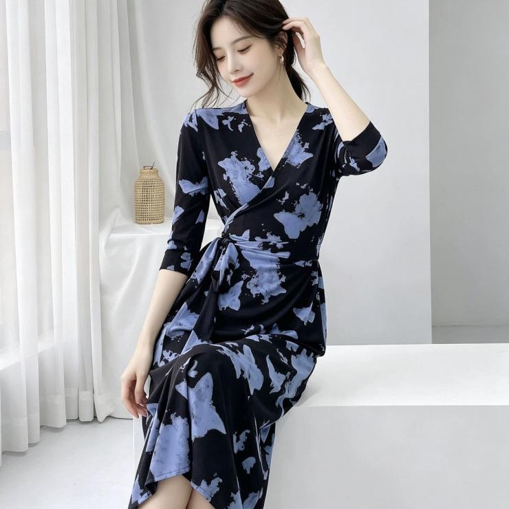 Spring and Summer Retro Style Printing Wrap Skirt Waist Strap One Piece V Neck Dress Slim Fit Hip Wrap Dress