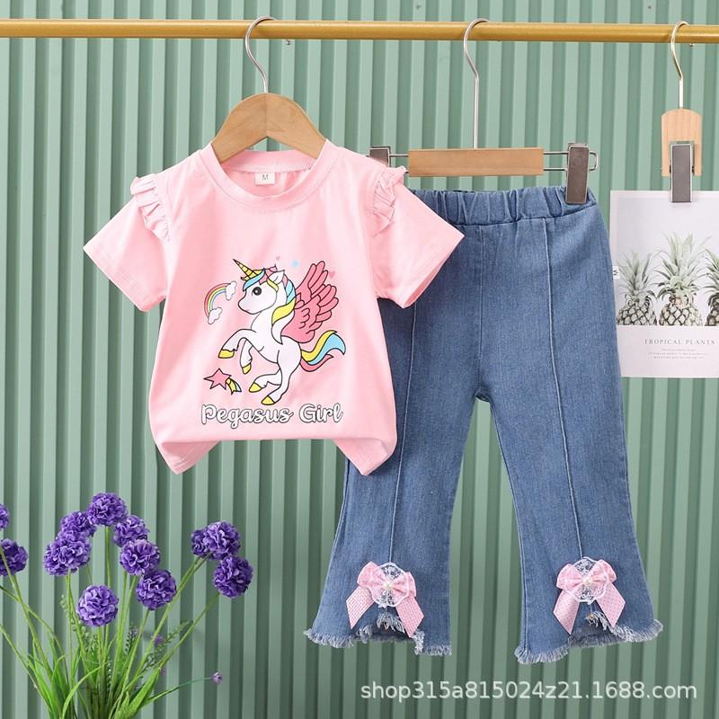Girls Summer Cute Cartoon Short Sleeve Tee And Bow Knot Jeans Two Piece Set Casual Outfit