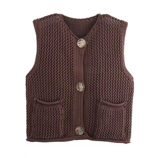 Women Knitting Vest V-Neck Sleeveless Single-Breasted Pocketed Knitting Waistcoat Versatile Solid Color Knitwear