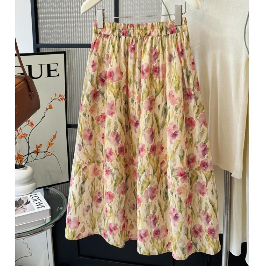 

Qooth Sweet Pleated Floral Maxi Skirt with Pockets Full Flared Hem QT2905 One size розовый