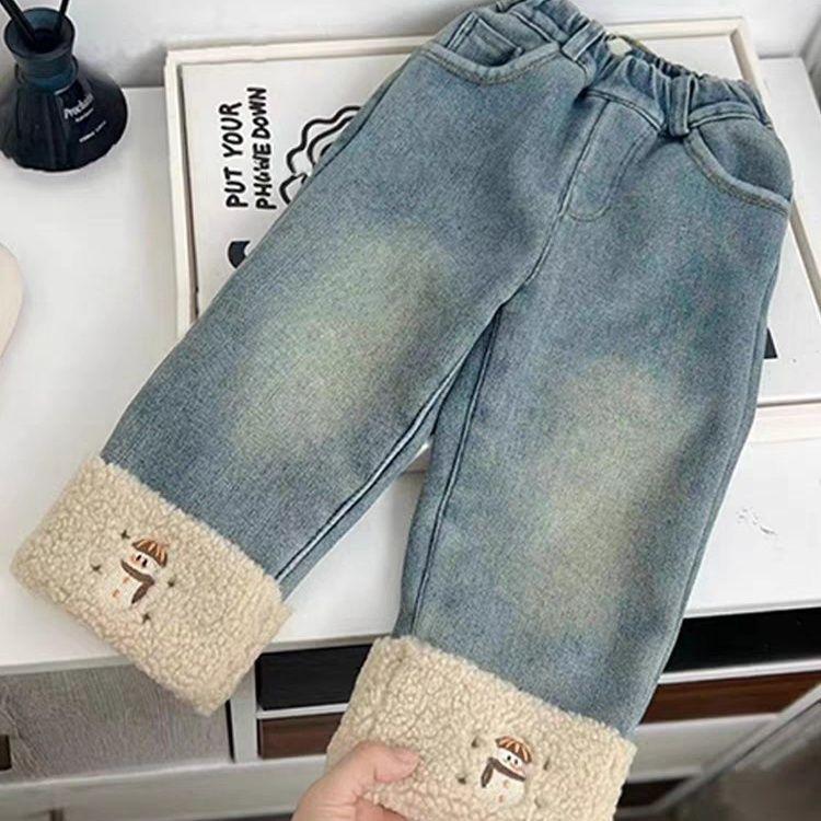 Girls' Velvet Jeans Winter Korean Edition Fashionable Thick Cudged Versatile Wide Leg Straight Leg Pants Trendy