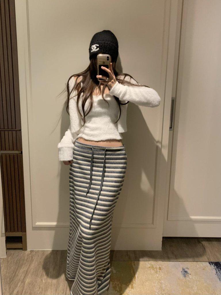 Korean Striped Color Block Lace-up Long Skirt - Spring/Autumn 2026 Collection