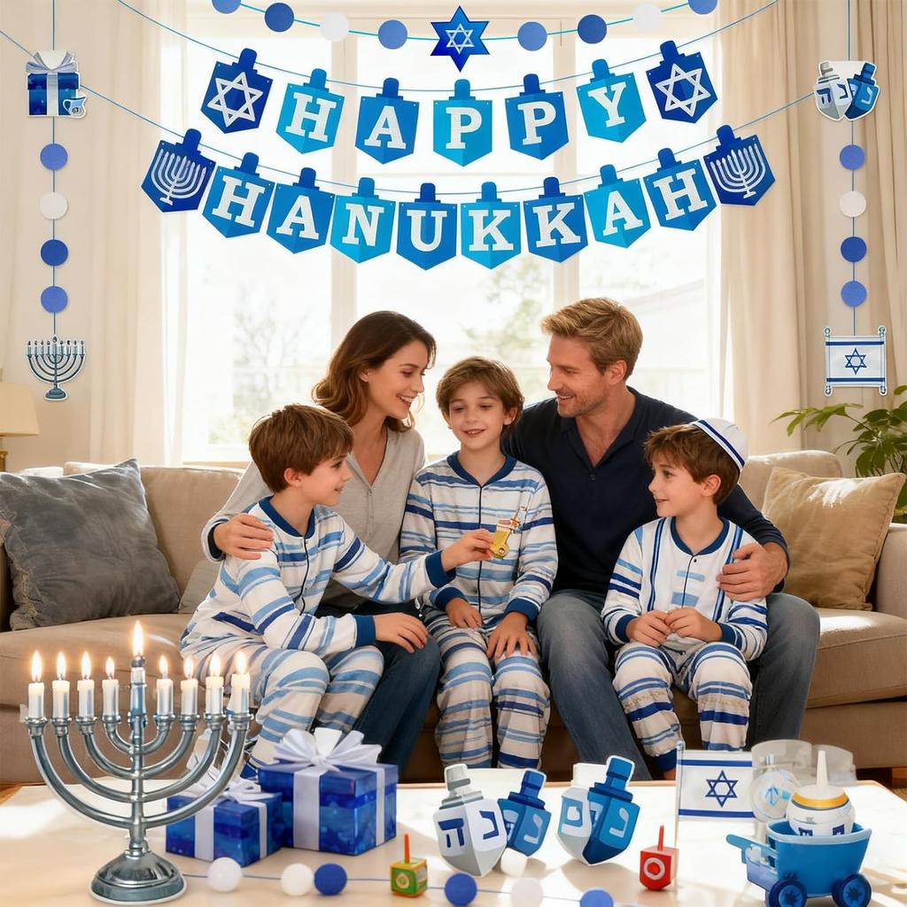 Hanukkah Decorations Banner Happy Hanukkah Banner Party DIY Decor Garland for Home Indoor Blue Glitter Supplies