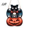 Festive Wooden Wall Hanging Halloween Door Sign Black Cat Bat Pumpkin Plaque with Rustic Sign Jute Rope Farmhouse Front Porch Indoor Outdoor