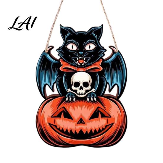 Festive Wooden Wall Hanging Halloween Door Sign Black Cat Bat Pumpkin Plaque with Rustic Sign Jute Rope Farmhouse Front Porch Indoor Outdoor