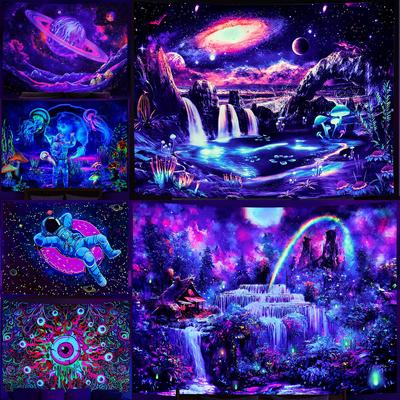 Trippy Planet Tapestry UV Reactive Waterfall Landscape Room Decor Aesthetic Psychedelic Wall Hanging Mushroom Gothic Home Decor
