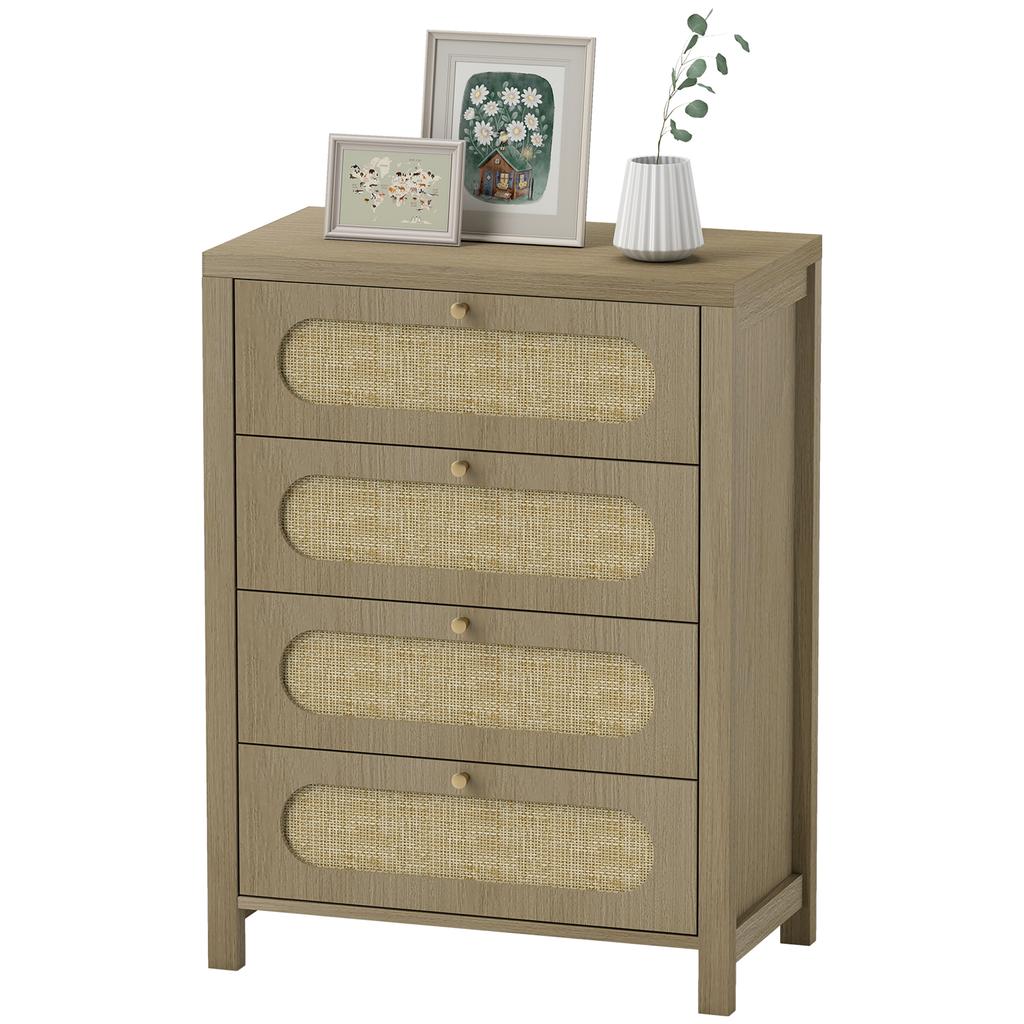 Ladekast met 4 lades, opbergmeubel in bohemienstijl met deuren van gevlochten hars, 70 x 38 x 93 cm, effect van natuurlijk hout