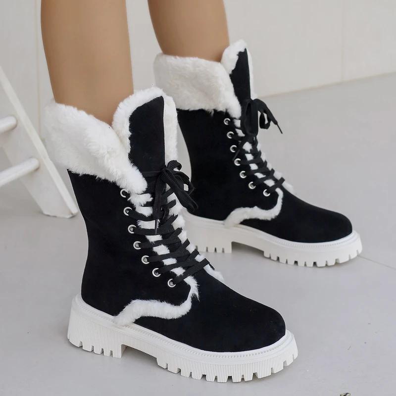 Women Winter Platform Faux Fur Ankle Boots Women Mid-Calf Lace-Up Thicken Plush  Warm Snow Boots Thickened Cotton Women Shoes