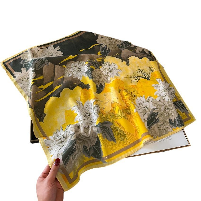 New National Style Mountains and Rivers Small Square Scarf Silk Scarf Thin Rich Peony Herringbone Pattern Headscarf Imitation Velvet Scarf Scarf Femal