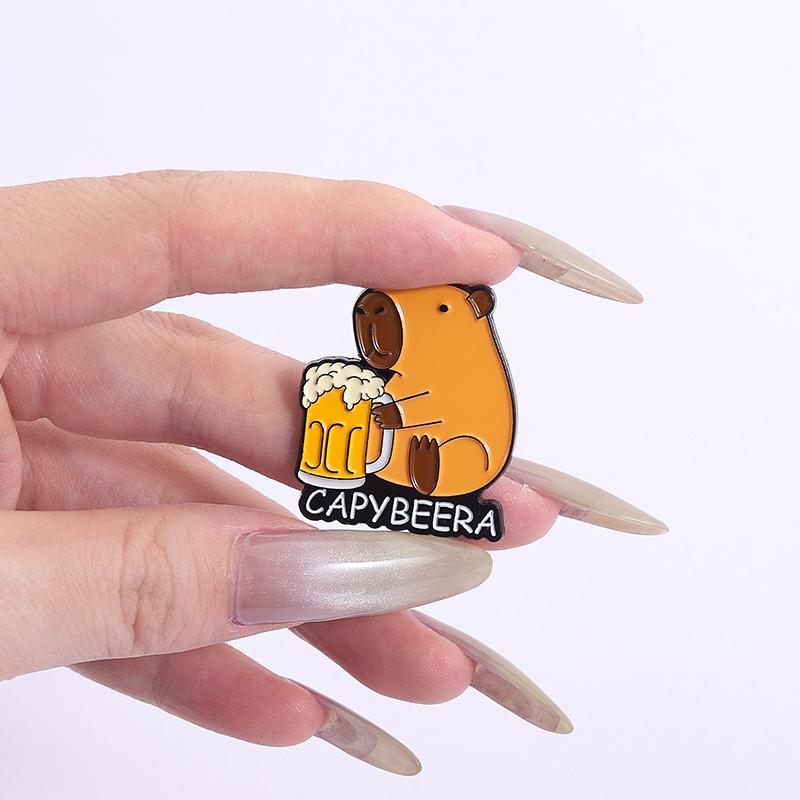 Capybara Drinking Enamel Pins Custom NO TROUBLES JUST BUBBLES Brooches Lapel Badges Clothes Animal Jewelry Gift for Kids Friends