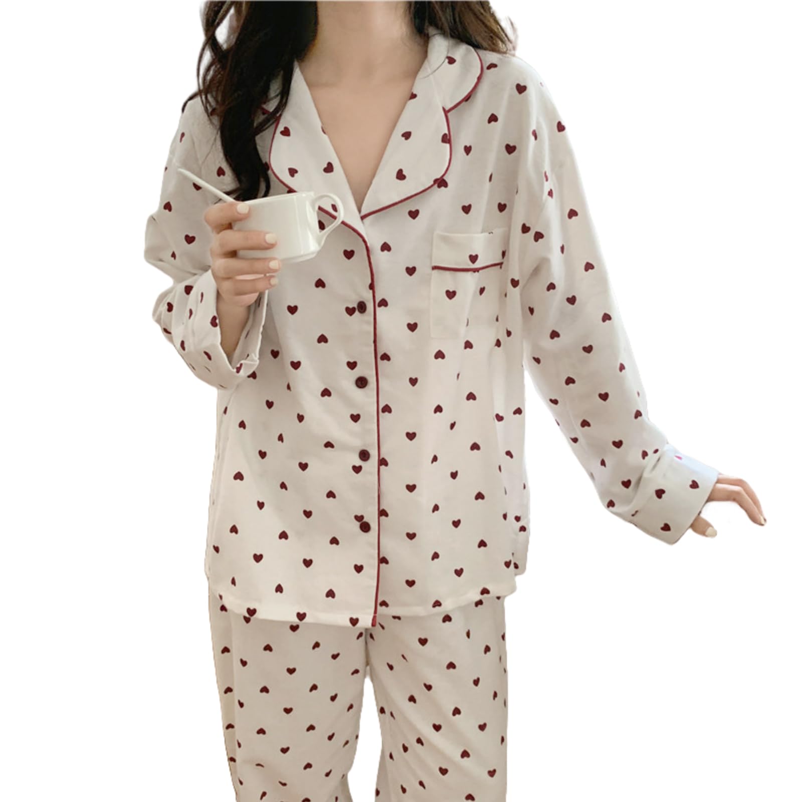 

Narebuy Long Sleeve Pajamas Loungewear Patterned Open Loose Elastic Winter Women s - Set, Thin, Pockets, Buttons, Full-Length Fit, Front, Fit, Waist,
