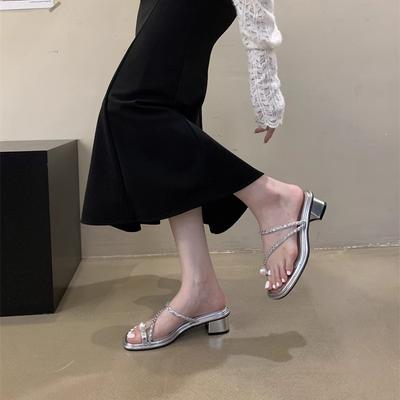 Pearl Toe Slippers New Open-toed Niche Rhinestones Spring and Autumn Korean Version Simple Thick Heel 2025 Sandals